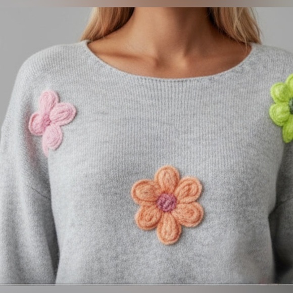 Floral Decor Round Neck Long Sleeve Sweater Grey - Picture 2 of 9